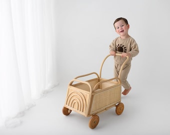 Rainbow Rattan Toddler Push Cart - Children's Toy - Baby Walker Toy and Storage