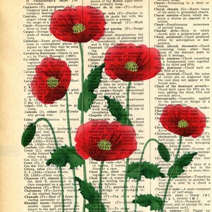 Könnte beinhalten: Eine Vintage-Buchseite mit einem Wörterbuch musikalischer Begriffe. Die Seite zeigt eine rote Mohnblume mit grünen Blättern. Der Text enthält Begriffe wie "Cassa Grande", "Chanson", "Choral", "Chord" und "Chromatisch".