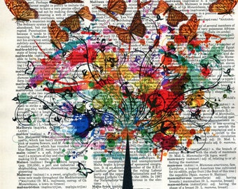 Colorful Tree Butterflies Dictionary Art Print