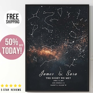 Cadeau pour couple Poster personnalisé de carte des étoiles par date et lieu Cadeau unique carte du ciel impression céleste carte céleste cadeau d'anniversaire de mariage personnalisé