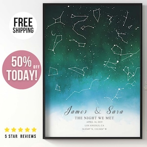 Carte des étoiles de la constellation, cadeau de fiançailles, carte des étoiles personnalisée, pour lui, cadeau personnalisé, pour petit ami, cadeau de premier anniversaire, impressions d'art mural