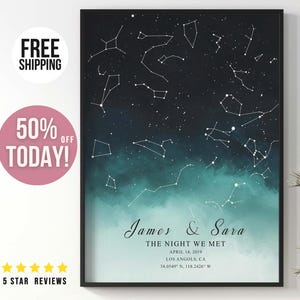 Cadeau d'anniversaire, Carte des étoiles personnalisée, Cadeau pour couple personnalisé, Poster personnalisé, Reproductions d'art mural, La nuit de notre rencontre, Carte des étoiles par date, Carte personnalisée