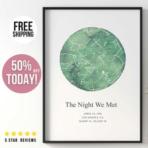 Cadeau du 5e anniversaire de la carte des étoiles personnalisée, carte des étoiles personnalisée, pour les couples, la nuit où nous nous sommes rencontrés, affiche personnalisée, aquarelle verte, impression d'art mural