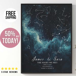 Cadeau pour couple Poster personnalisé de carte des étoiles par date Impression unique de carte du ciel Impression céleste Cadeau d'anniversaire Constellation personnalisée