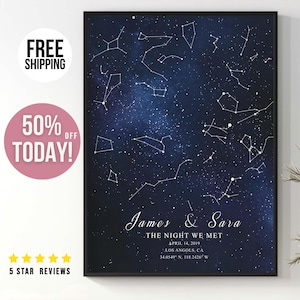 Carte du ciel Constellation, cadeau de fiançailles personnalisé, La nuit où nous nous sommes rencontrés, affiche ciel personnalisée, cadeau d'anniversaire pour lui, oeuvre d'art carte du ciel personnalisée
