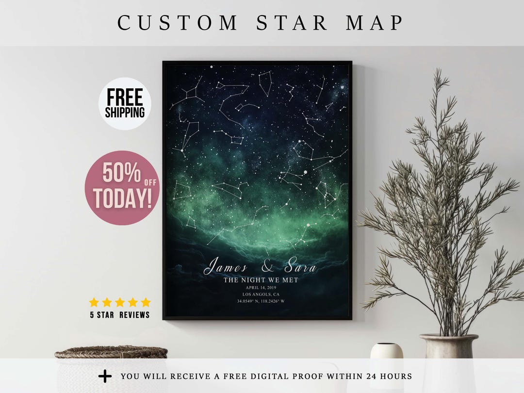 Personalized Star Map Birthday Gift Night Sky Chart With Custom Date ...