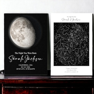 Phases de lune et carte des étoiles, cadeaux d'anniversaire, impression de StarMap, Noël - anniversaire, carte des étoiles, ciel nocturne personnalisée, carte des étoiles pour mariage