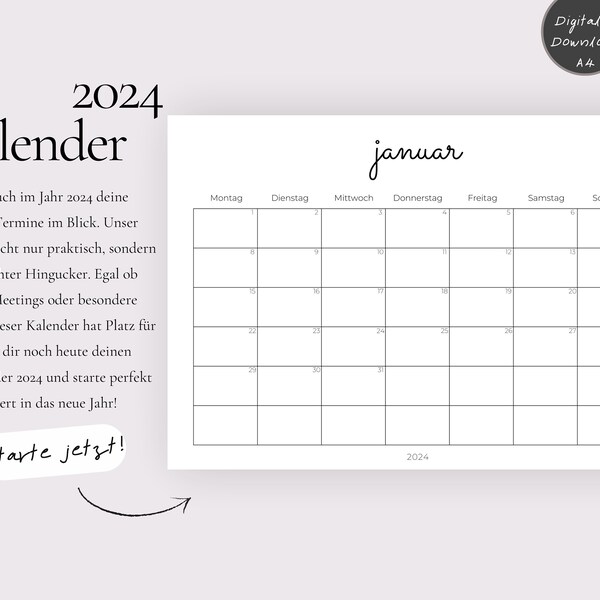 Schöner Kalender 2024 Querformat Minimalistisch Deutsch Monatlicher Kalender zum Ausdrucken Terminplanung Monatsplaner Digitaler Download A4