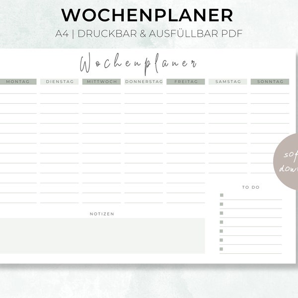 Wochenplaner Grün Minimalistisch To-Do Liste Deutsch Wochenkalender Stundenplan Terminplan Organisation Meeting Geburtstag Notizen A4 Woche