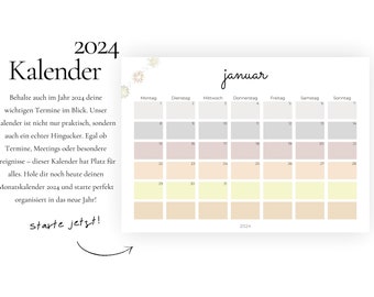 Kalender 2024 Querformat Bunter Kalender Deutsch Monatlicher Kalender zum Ausdrucken Terminplanung Orga Monatsplaner Digitaler Download A4