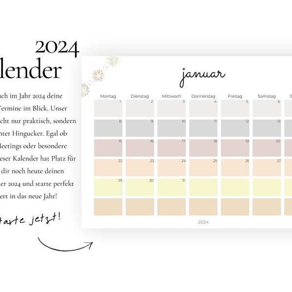 Kalender 2024 Querformat Bunter Kalender Deutsch Monatlicher Kalender zum Ausdrucken Terminplanung Orga Monatsplaner Digitaler Download A4