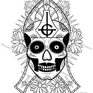 May include: Black and white line art illustration of a skull wearing a bishop's mitre with a cross and the symbol of a ghost. The skull has a sugar skull design with flowers around it.