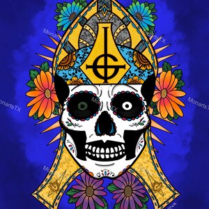 May include: A colorful Day of the Dead sugar skull wearing a yellow and blue mitre with a black upside down cross. The skull has a green and black eye on the left and a white eye on the right. The skull is surrounded by orange, yellow, and purple flowers.