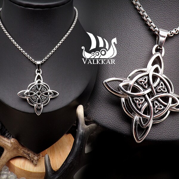 Pendentif Viking, nordique, celtique - Croix celte - collier en acier inoxydable couleur argenté avec chaine - Larping, gn - Gothique, Wicca