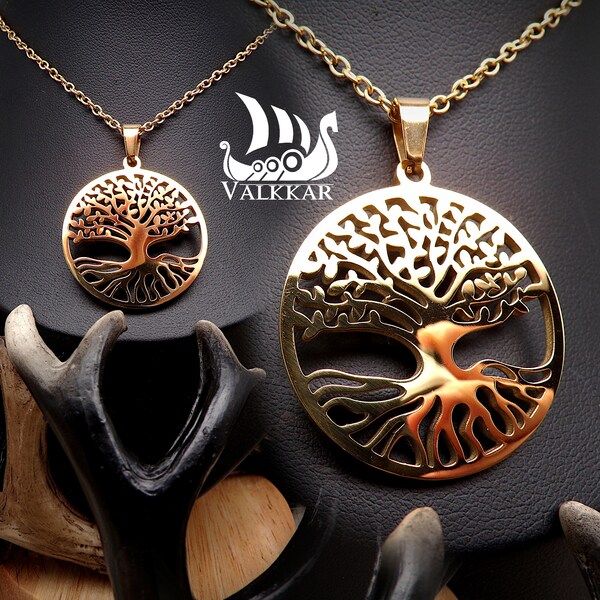 Pendentif arbre de vie, Yggdrasil - Viking, nordique, celtique - collier en acier inoxydable doré avec chaine -