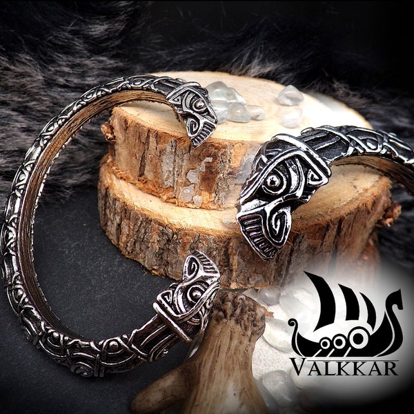 Torque viking, bracelet viking - Entrelacs, métal argenté - nordique style -  accessoire - Bijoux homme, femme, mixte - Hugin et Munin, Odin