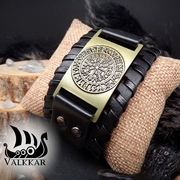 Bracelet manchette viking, cuir noir et métal bronze -Runes et Vegvisir - nordique style -  accessoire - Bijoux homme, femme, mixte -