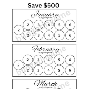 Monthly savings challenge, save 500 dollars in a year