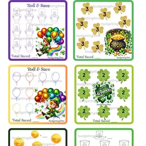 May include: Four printable St. Patrick's Day themed activity cards for kids. Each card features a different counting activity with a leprechaun and shamrock theme. The cards include the text "Roll & Save" and "Total Saved:".
