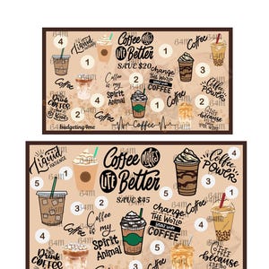 Könnte beinhalten: Zwei rechteckige beige Budget-Diagramme mit Illustrationen und Text zum Thema Kaffee. Die Designs enthalten verschiedene Kaffeegetränke, die Phrasen Coffee Makes Life Better, Coffee is my Spirit Animal und Drink Coffee And Be Kind sowie nummerierte Kreise zur Verfolgung von Einsparungen von 20 und 45.