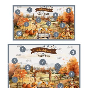 May include: Two rectangular autumn-themed savings challenge trackers featuring a rural landscape with pumpkins, a truck, and a scarecrow. The top tracker displays 'Save $50' and the bottom tracker displays 'Save $30', both with numbered circles.