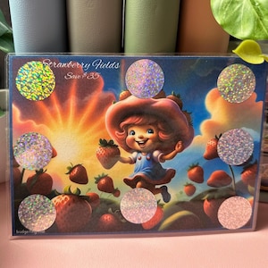 May include: A colorful illustration of a girl with a strawberry on her head in a field of strawberries. The image has a glittery background with the text "Strawberry Fields Save $35".
