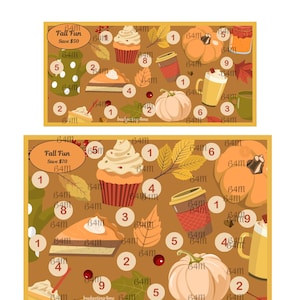 Könnte beinhalten: Zwei rechteckige Fall Fun Sparkarten mit braunem Hintergrund und herbstlichen Illustrationen wie Kürbissen, Cupcakes, Tortenstücken und Kaffeebechern. Jede Karte enthält nummerierte Kreise und den Text Fall Fun Save $50 oder $70.