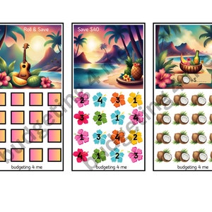 Könnte beinhalten: Ein farbenfrohes Spielbrett mit drei Abschnitten. Der erste Abschnitt ist ein Gitter mit 16 Feldern, der zweite Abschnitt hat eine Ananas, Blumen und Zahlen, und der dritte Abschnitt hat Kokosnüsse und einen leeren Platz für einen Dollarbetrag. Der Text "Roll & Save", "Save $40" und "budgeting 4 me" ist auf dem Brett sichtbar.