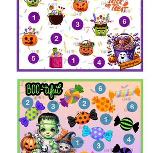 May include: Two rectangular Halloween-themed activity sheets featuring colorful illustrations of pumpkins, candy, and characters. The top sheet displays trick-or-treat buckets and numbered circles. The bottom sheet shows a baby Frankenstein, a cat, and candy with the text BOO-tiful.