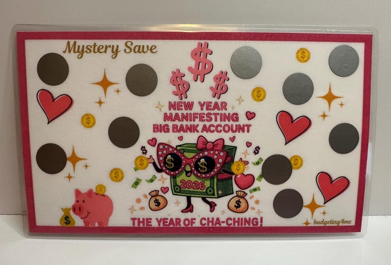以下が含まれることがあります： 「Mystery Save」と「New Year Manifesting Big Bank Account」の文字が入った白とピンクのグラフィック。ハート、ドル記号、コイン、貯金箱のデザイン。フレーズ「The Year of Cha-Ching!」も表示されています。