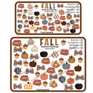 May include: Two printable Fall-themed mystery challenge cards with a white background and brown border. Each card features a variety of fall-themed images, including acorns, pumpkins, bowties, and blankets. The cards also include the text "FALL Mystery Challenge budgeting4me" and "Total Saved $".