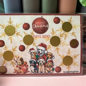 May include: A Christmas-themed scratch-off card with a festive design featuring dogs and the text "Merry Christmas Save $100".