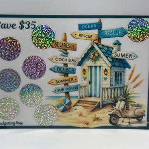 May include: A rectangular savings tracker card featuring the text Save $35 and budgeting4me. The design includes a beach scene with a blue and white striped beach hut, a scooter, and wooden directional signs. Eight circular holographic stickers are arranged on the left and top right.