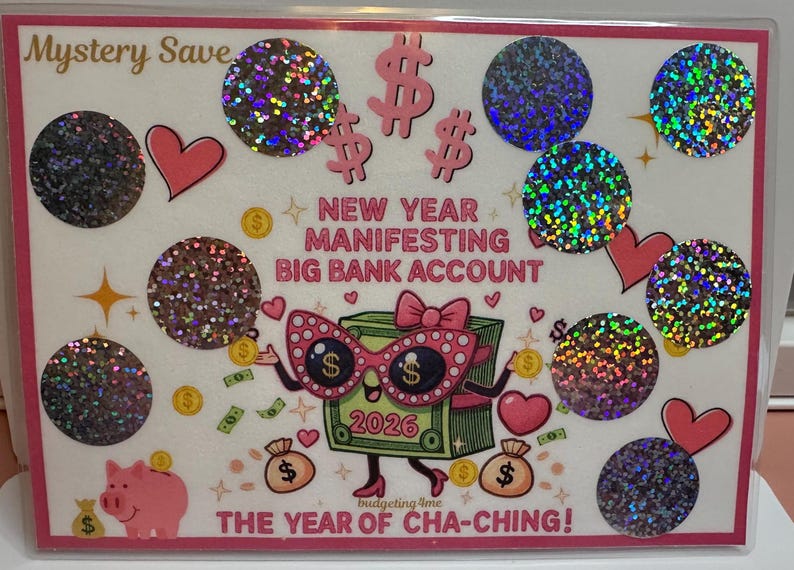 以下が含まれることがあります： ピンク色の縁取りの装飾ステッカーシート。お金をテーマにしたデザインで、ホログラフィックサークル、ピンクのドル記号、ハート、「NEW YEAR MANIFESTING BIG BANK ACCOUNT」と「THE YEAR OF CHA-CHING！」の文字が含まれています。