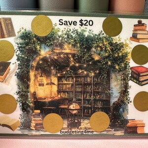 May include: A whimsical illustration of a book-filled room with a bookshelf, a globe, and a sign that reads "Save $20". The image is decorated with gold circles and stacks of books.