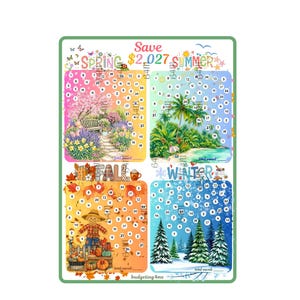 Può includere: Un grafico rettangolare per il monitoraggio dei risparmi intitolato Save $2,027, diviso in quattro sezioni stagionali: Primavera con un giardino, Estate con una spiaggia, Autunno con uno spaventapasseri e Inverno con pini innevati, con cerchi numerati.