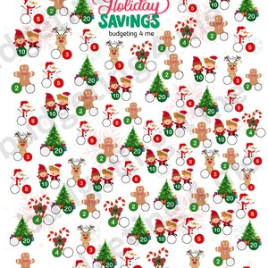 May include: A festive holiday savings tracker with various Christmas-themed icons, including gingerbread men, Christmas trees, snowmen, and reindeer. The text "BIG Holiday SAVINGS" is prominently displayed, along with instructions to color in circles to save money.