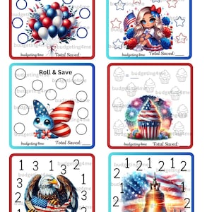 May include: Four printable game cards with a red, white, and blue theme. Each card features a different image, including a bouquet of balloons, a butterfly, an eagle, and a bell. The cards are designed for a "Roll & Save" game and include spaces for players to track their savings.