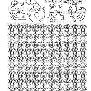 Puede incluir: Hojas de presupuesto imprimibles en blanco y negro con los números 2024 en una fuente decorativa, nubes y un sol. La imagen también incluye una cuadrícula de círculos con los números 3 y 5 en su interior. También está presente el texto "budgeting4me".