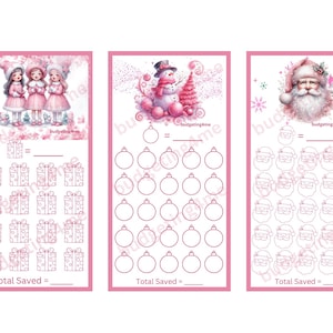 May include: Three printable Christmas-themed budgeting charts with pink backgrounds. The first chart features two girls in pink dresses and a pink gift box. The second chart features a snowman and a Christmas tree. The third chart features Santa Claus. Each chart has a grid of 36 circles or squares to track savings.