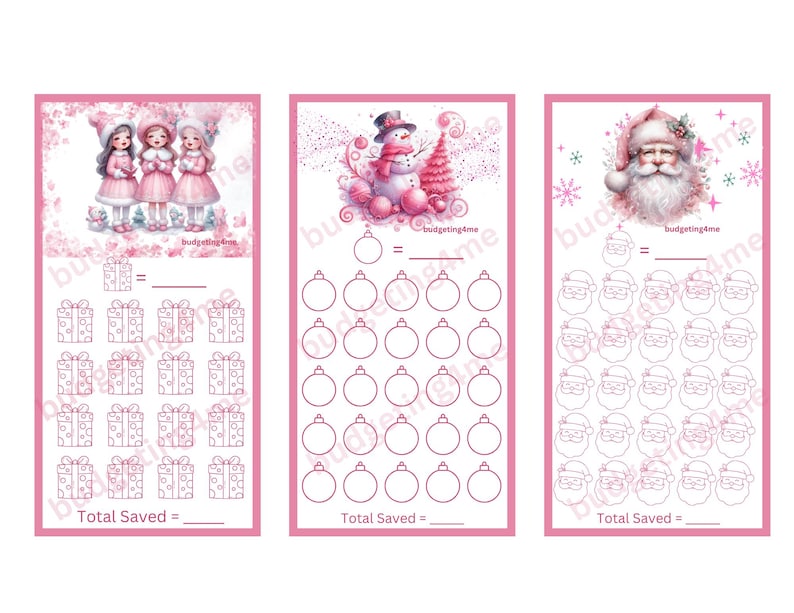 May include: Three printable Christmas-themed budgeting charts with pink backgrounds. The first chart features two girls in pink dresses and a pink gift box. The second chart features a snowman and a Christmas tree. The third chart features Santa Claus. Each chart has a grid of 36 circles or squares to track savings.