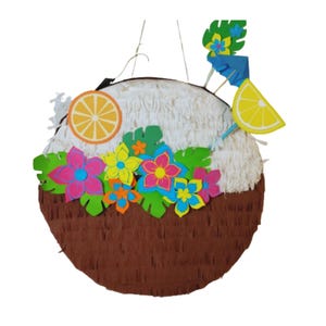 Coconut pinata tropic bithday theme party pinata, Custom pinata,  summer theme pinata, brown coconut with white details and colorful flowers