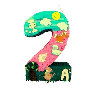 No#2 custom pinata with farm&#39;s animals, pig,horse, sheep, cow and a farm house, pink and green bithday theme party pinata, Custom pinata