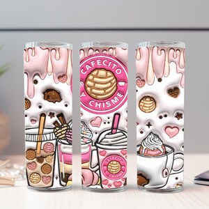 May include: Three pink and white tumblers with a design of coffee, pastries, and the text "Cafecito y Chisme".