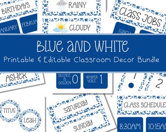 Blue & White Classroom Decor Bundle: Editable Canva Templates (Digital Download)