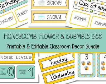 May include: Printable classroom decor bundle with a honeycomb, flower, and bumblebee theme. Includes labels for birthdays, weather, and class schedules. Features cards for noise levels, days of the week, and number cards with bees.