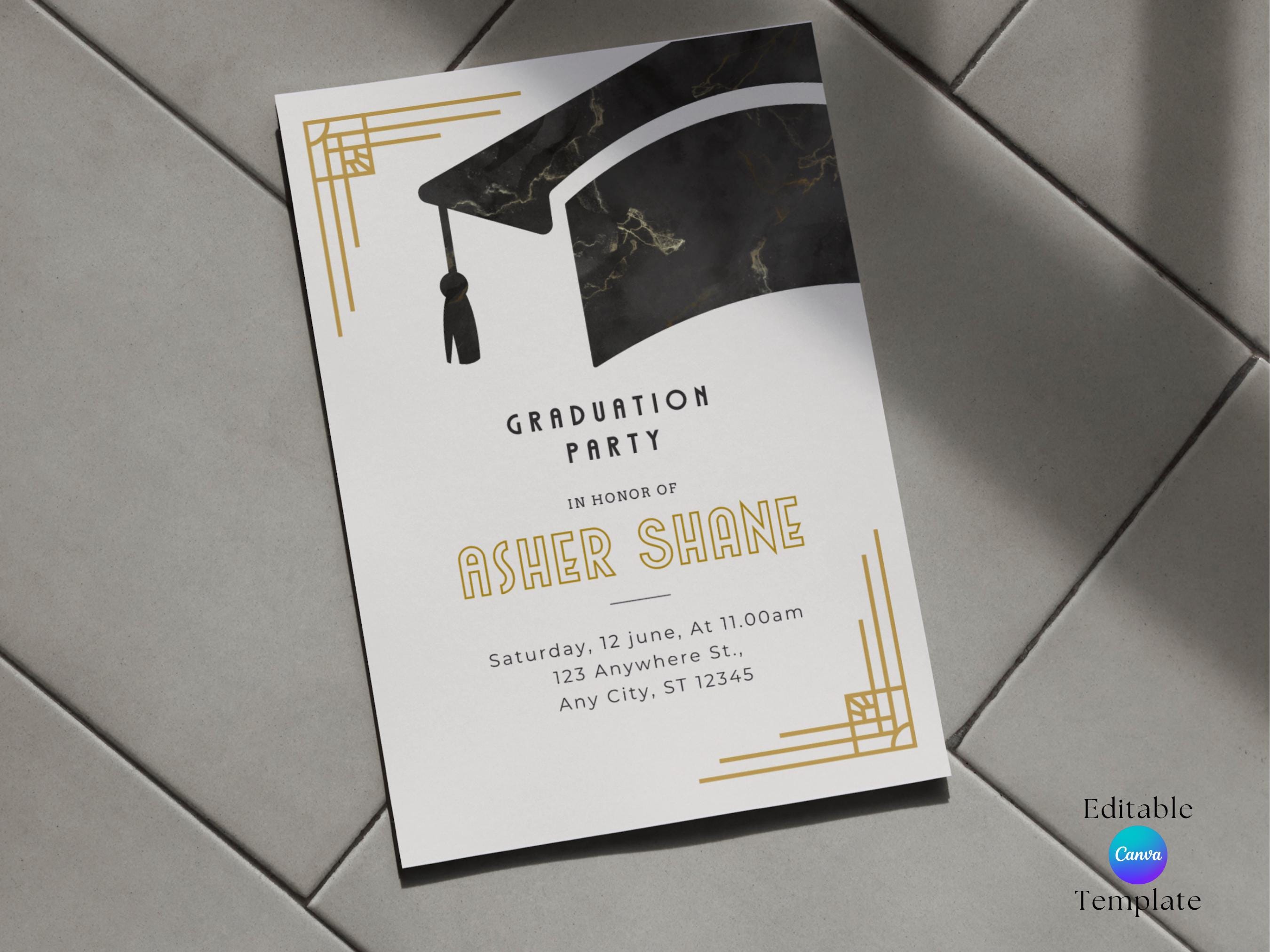 Art Deco Graduation Invitation Template (Canva Editable), image size:2700x2025
