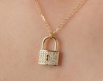 14k Gold Diamond Padlock Pendant Necklace: Dainty Lock Charm