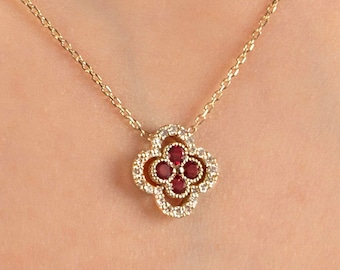 Clover Charm Gold Pendant • Vintage Ruby Diamond Necklace • Dainty Ruby Necklace • 14k Gold Lucky Charm Necklace • Necklace Gifts for Women