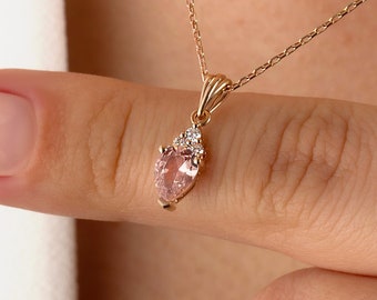 Vintage Morganite Gold Necklace • Real Diamond Pendant • June Birthstone Gold Necklace • 14k Gold Pendant Necklace • 20th Anniversary Gift
